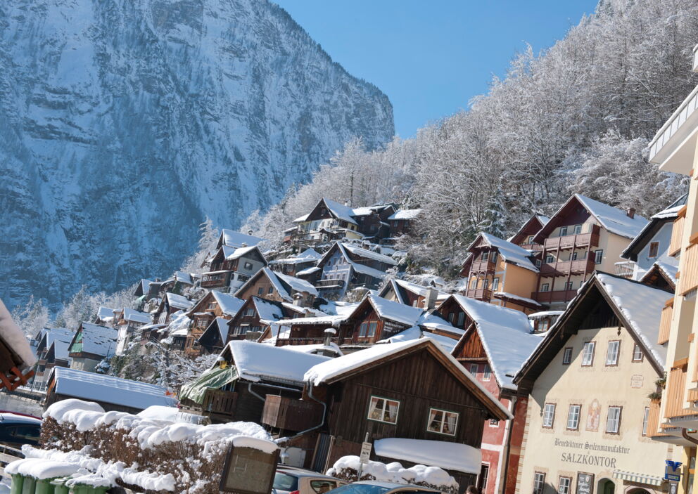 Snow-covered buildings in beautiful Hallstatt in winter