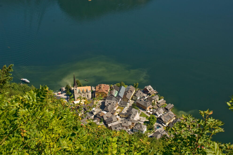 View of Hotel Restaurant Seewirt Zauner and Hallstatt from above