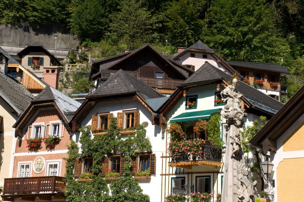 Traditional houses in the historic centre of the UNESCO World Heritage Site of Hallstatt in the beautiful Salzkammergut region